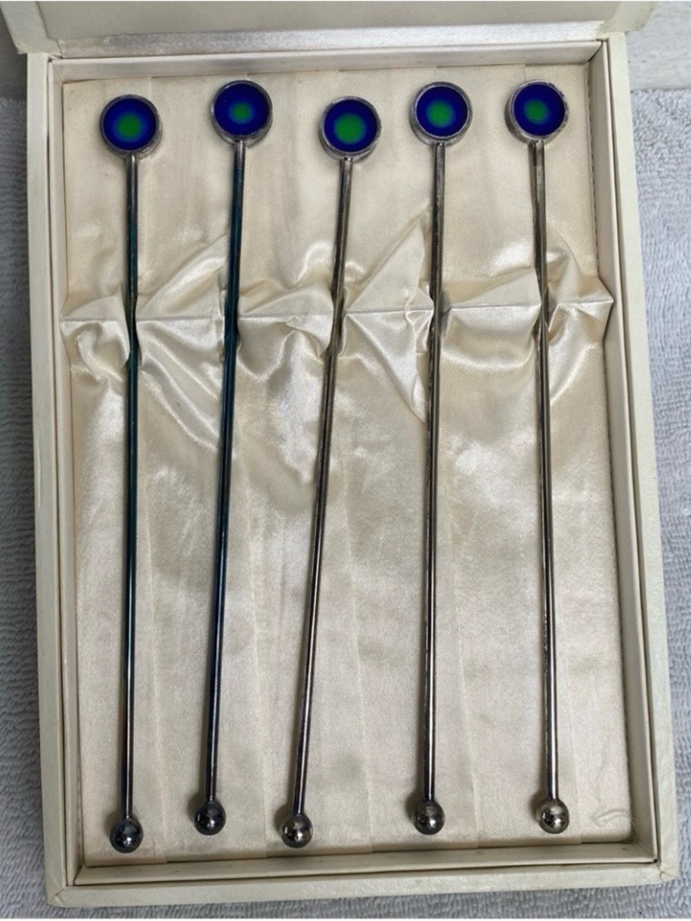 Vintage Le Verrie Blue 5 Green Stone Silver Swizzle Cocktail Stir Contemporary